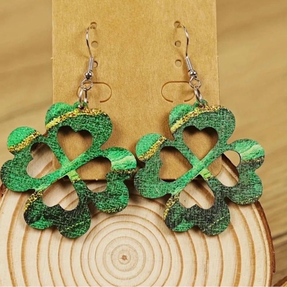 St. Patrick's Day Irish Lucky Shamrock Design Wooden Dangle Earrings